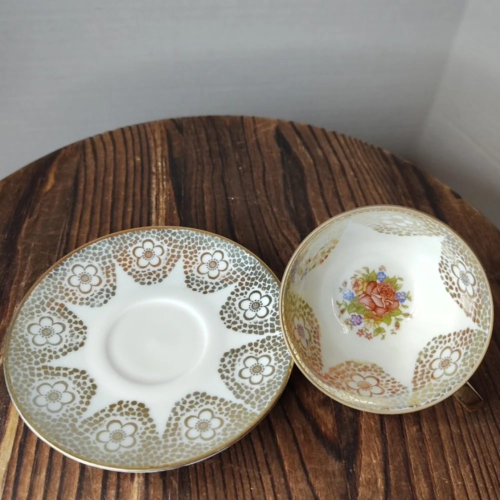 Winterling Bavaria Germany Floral Cup & Saucer Small Gold Flowers Spots Vintage